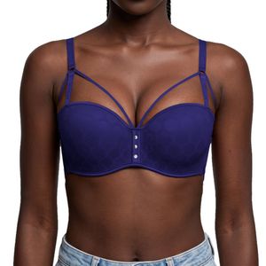 Binnys Elegant Dark Blue Balconette Bra,Rhombus Mesh, Underwire Bra with Fixed Padding and Chest Straps,Summer and Autumn Daily Wear, Comfortable Layering Demi cup Bra
