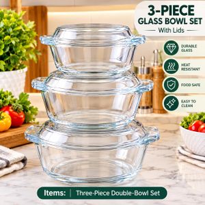 3PCS Glass Bowl Set with Lids – Food Storage & Serving Bowls