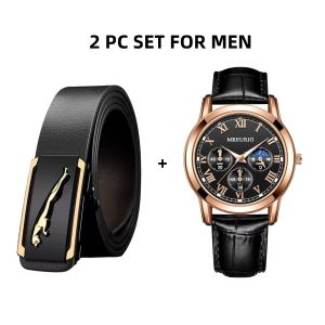 Coolfamily watch and belt set for men Elegant work Set Golden auto Buckle Adjustable PU Leather BELT Quartz Watch Gift Bundle for boyfriend gift for men present birthday gift set for working men 