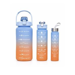 3Pcs Sports Water Bottles Set Drinking Bottles Cups & Drinking Time With Straw - Blue/Orange