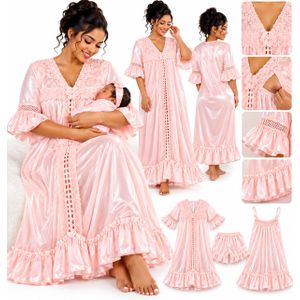 Women's 3-Piece Satin Maternity Nursing Nightwear Set - Pink