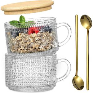 2Set Clear Embossed Glass Coffee Cup Coffee Mugs, Overnight Oats Containers with Bamboo Lids and Spoons - 14oz 