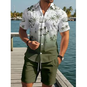 Dou-color Men's Tropical Print Shirt & Shorts Set - Casual Beach Two Piece Outfit for Summer Vacation