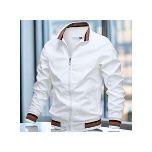 Berrykey Men's Casual Zip Up Lightweight Jacket Bomber Stand Collar Striped Casual Coat - White