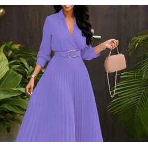Fashion All Women’s Long Sleeve V-Neck Midi Dress with Belt – Elegant Polyester Dress