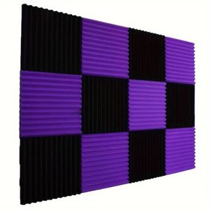 12-piece wedge-shaped purple/black sound-absorbing studio foam boards for studio recording, noise reduction, and instrument isolation.