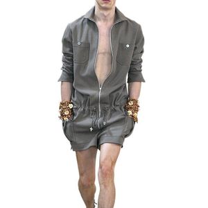 Summer Trendy Men's Long Sleeve Shorts Cargo Jumpsuit