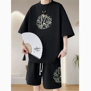 Men Ice Silk Sports Set Breathable Short Sleeve Top And Casual Shorts - Black