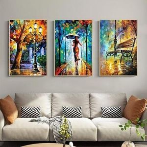 3-Piece Abstract Wall Art Set: Forest, Street, and Rainy Day Canvas Paintings (Unframed)