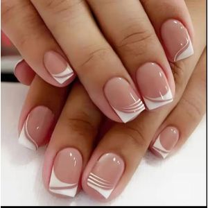 24PCS Short Square Press-On Nails – Nude Pink Line Art Removable Artificial Nail Set