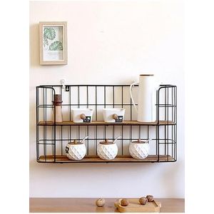 2 Tier Industrial Wooden Floating Storage Wire Shelves for Wall T-1037 (W26 x D5.6 x H13)inch