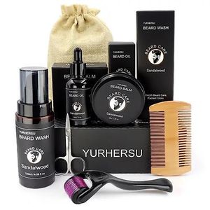 YURHERSU 7-Piece Beard  and Hair Growth/Care Kit for Men – Sandalwood Beard Wash, Oil, Balm, Comb, Scissors & Beard Roller