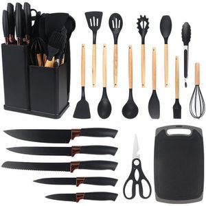 19-In-1 Complete Kitchen Accessories Set: Premium Stainless Steel Knife Set + Silicone Cooking Utensils & Cutting Board
