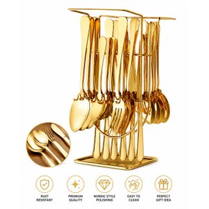 24PCS Gold Stainless Steel Cutlery Set with Stand – Luxury Tableware Set for Home & Kitchen
