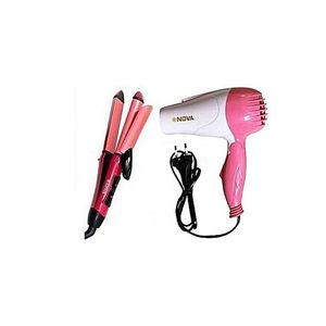 Nova 2-in-1 Hair Straightener/Curler & Professional Hair Dryer Set - Pink