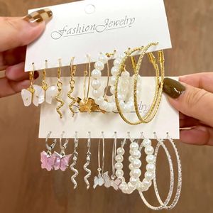 10-Pair Trendy Butterfly & Pearl Earring Set – Multicolor Zinc Alloy Collection for Women