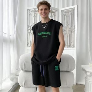 Two-in-one waffle braid suit for men, casual sleeveless T-shirt & shorts two-piece set