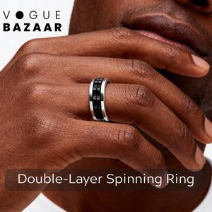 VOGUE BAZAAR Stainless Steel Spinning Ring for Men & Women - Anxiety Relief Fidget Rotating Band with Black Chain Inlay, Silver Titanium Fashion Jewelry