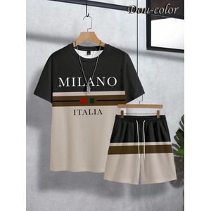 Dou-color Men's 2-in-1 short sleeved T-shirt and shorts set - brown black