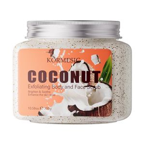 Coconut flavored body scrub exfoliates and brightens the complexion