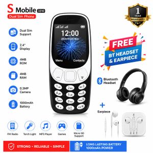 S Mobile 3310 Dual SIM Phone 2.4" Display, 4MB ROM, 4MB RAM, Bluetooth, FM Radio, 1000mAh Battery + Free BT Headset & Earpiece - Black