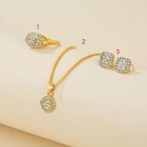 3-Piece Gold Plated Crystal Jewelry Set - Ring, Pendant Necklace & Stud Earrings, Square Design with Zircon Stones