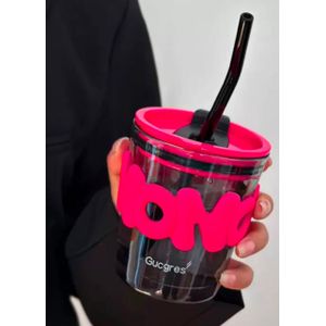 Gucgres Clear Glass Travel Tumbler Cup - Neon Pink Silicone Sleeve, Lid & Straw – Reusable Iced Coffee Mug
