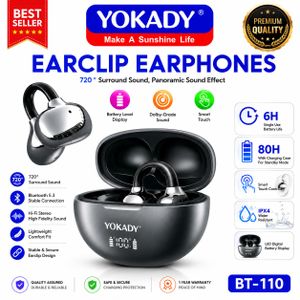 Wireless Ear Clip Earbuds Bluetooth 5.3 HiFi Stereo Touch Control LED Display IPX4 Waterproof - Black