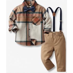 Classic Plaid Shirt & Suspender Set for Boys – Rustic Khaki Outfit