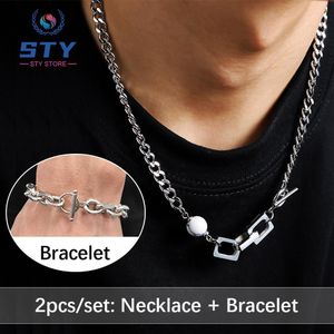 STY 2 Pcs Men Jewelry Set Necklace + Bracelet Set Titanium Steel Necklace Stainless Steel Bracelet