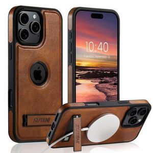 Casebox Phone Case, Compatible With, Iphone 13 / Iphone 14 Phone, High Quality Oil Wax leather Case, Magsafe Wireless charging supporting with Kick-Stand (Wireless Charger Not Included) - Brown 