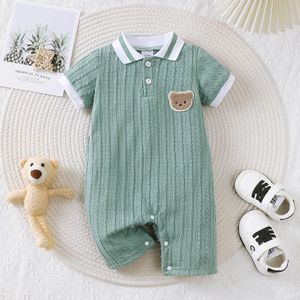 Catpapa 1-18Months Infant&Toddler Baby Boy Green Short Sleeved Striped Lapel with Little Bear Pattern Printed Gentleman's Hoodie Jumpsuit Summer&Autumn Romper