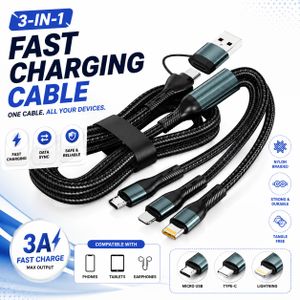 4-in-1 Fast Charging Cable 100W USB-A & USB-C to Type-C/Lightning/iPhone – Fast Charge & Data Sync – 1M/1.5M/2M – Black