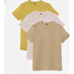 3PCS Unisex Round Neck Pure Cotton Short-Sleeved T-shirt - 3 Pieces - Yellow / Baby Pink/ Tan