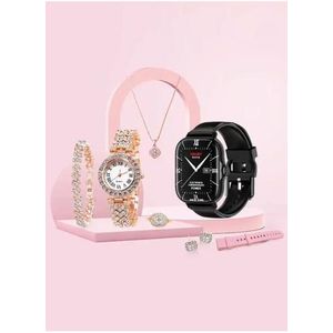 2.02" 47mm Full Touch Screen Smart Watch & Classic Watch With 2 Straps, Ring, Bracelet, Necklace, Earring & Wireless Charger For Women (App: hryfine) - Black