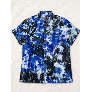 Men's Short Sleeve Blue & Black Tie-Dye Button-Down Shirt - Casual Outdoor & Streetwear Top