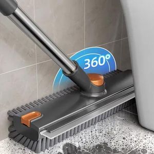 3 in 1 Heavy-Duty Stiff Bristle Floor Scrubber Brush with Long Handle Squeegee Tweezer Made of Durable Rubber