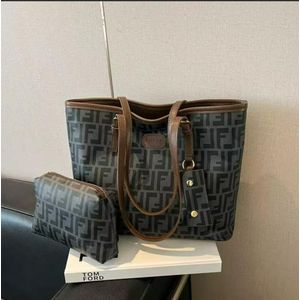 Vintage Style Large Tote Bag with Small Pouch, Brown & Black
