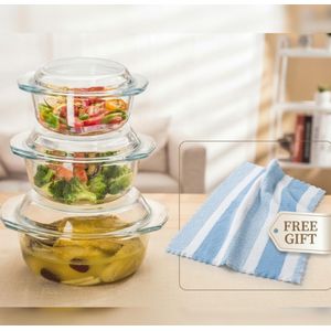 3-piece Thick Transparent Pyrex Glass Bowls set with Lids and a FREE Super Absorbent Cleaning Cloth/Heat Resistant, Freezer, Microwave and Dishwasher safe Pyrex Glass Bowls