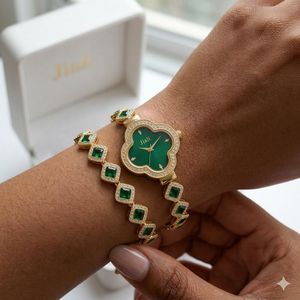 Luxury Clover Watch & Bracelet Set – Emerald Green & Gold