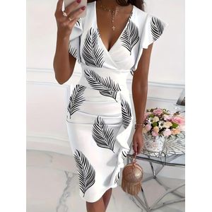 CALLIARA Women's Elegant Leaf Print Bodycon Midi Dress V Neck Ruffle Sleeve Slim Fit Party Dress