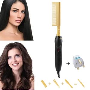 3 In 1 Electric Hot Comb Hair Straightener Hair Curler+UK Plug
