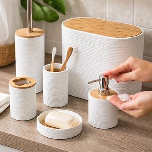 Luxury 6-Piece Bathroom Accessory Organizer Set – Premium Bamboo Bath Set with Trash Can, Toothbrush Holder, Dispenser Bottles, Soap Dish, Toilet Brush, Cleaning Swab - White/Brown