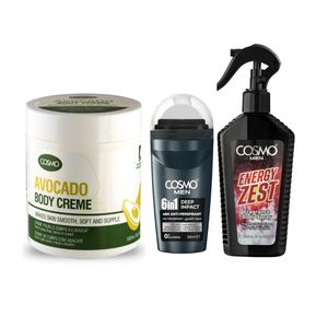 Cosmo Avocado Body Cream+ Men 6in1 Anti-Perspirant Roll on+ Men Energy Zest Fragrance Body Spray