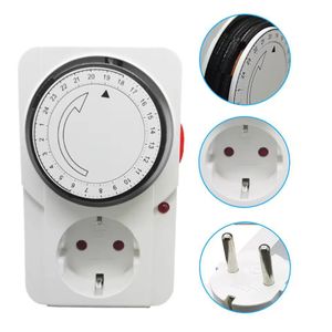 24-hour cycle timer switch, European standard plug, programmable mechanical timer, automatic shutdown function with overload protection.