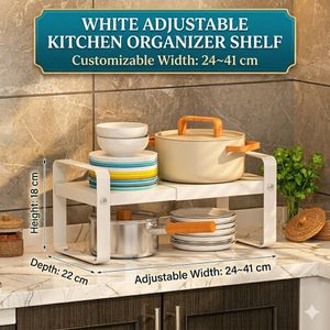 White Adjustable Kitchen Shelf Organizer Expandable Cabinet & Countertop Storage Rack for Plates