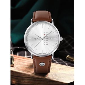 Tomi T019 Trendy Men's Watch Quartz Texture Business Watch with Leather Strap and Weekday Calendar-Silver brown
