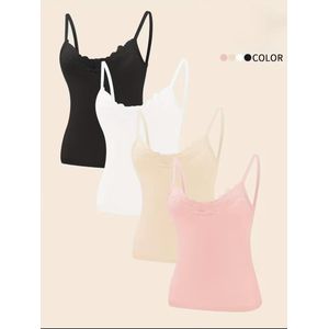 4pcs Women's Lace Trim Spaghetti Strap Camisole – Black/White/Beige/Pink