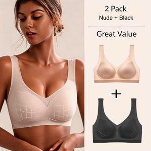 2Pcs Women Ice Silk Seamless Wireless Bra, Ultra Thin Breathable Cup, Wide Strap Sports Bra, Comfort Support Bra for Daily Wear Yoga Sleep