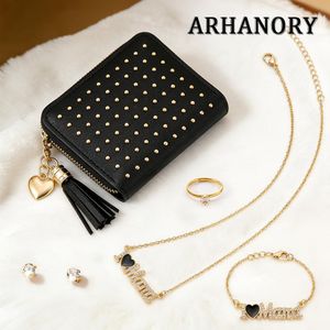 ARHANORY Women's Short Wallet and Jewelry Set Short Zipper Purse with Cash Slots Coin Pocket + Ladies Jewelry Set